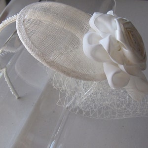 Ivory Ribbon Crystal Flower Sinamay Fascinator Hat with Veil and Pearl Headband, for Bridal, weddings, parties, special occasions image 3