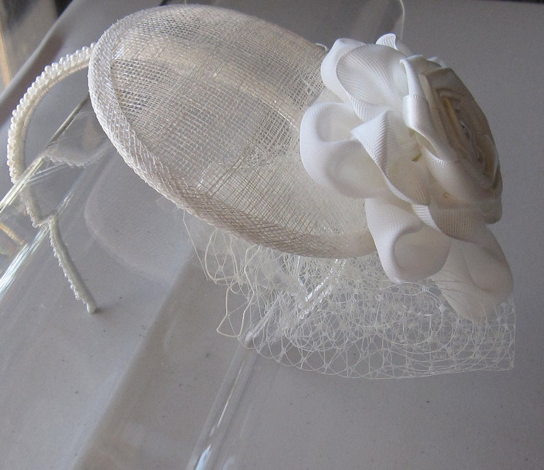 Ivory Ribbon Crystal Flower Sinamay Fascinator Hat with Veil and Pearl Headband, for Bridal, weddings, parties, special occasions image 3