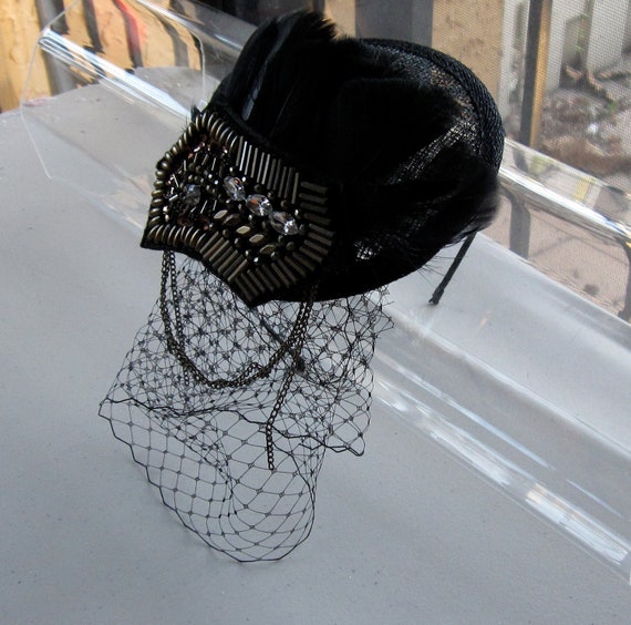 Black feather fascinator hat rhinestone detail Chic Black Feather Fascinator Hat - Black Hat with Feather  main image 3