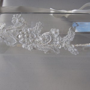 White Beaded Lace Flower Pearl Halo Headband with Ivory Satin Ribbon Tie, for Bridal, weddings, special occasions image 3