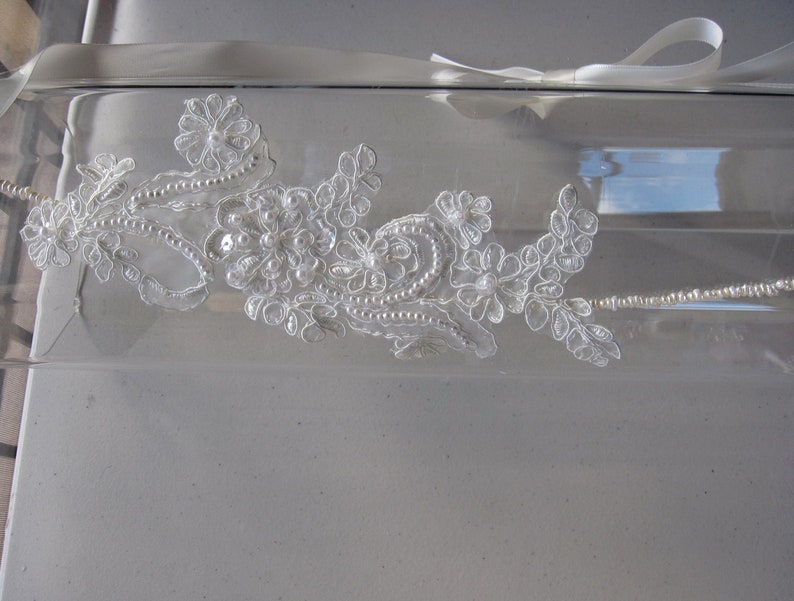 White Beaded Lace Flower Pearl Halo Headband with Ivory Satin Ribbon Tie, for Bridal, weddings, special occasions image 3