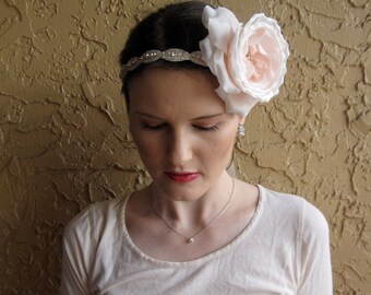 Pink Silk Flower Crystal Beaded Halo Headband with Ivory Satin Ribbon Tie, for weddings, bridal, bridesmaid, special occasions