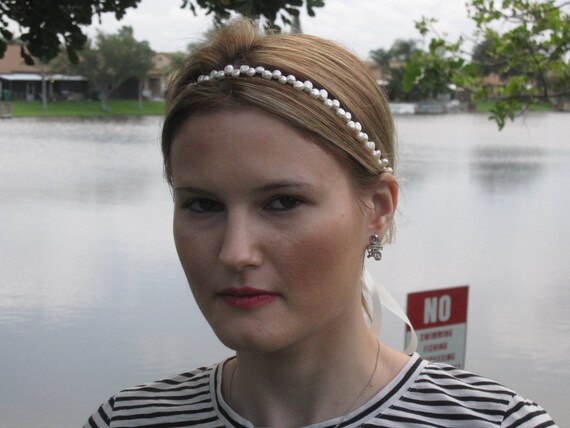 Ivory Pearl Satin Ribbon Tie Halo Headband, for Bridal  display picture 2