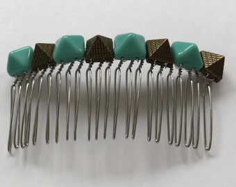 Turquoise and Antique Gold Pyramid Comb, for weddings, parties, special occasions