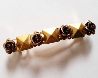 Brown Flower Gold Metal Studded French Barrette, for weddings, parties, special occasions