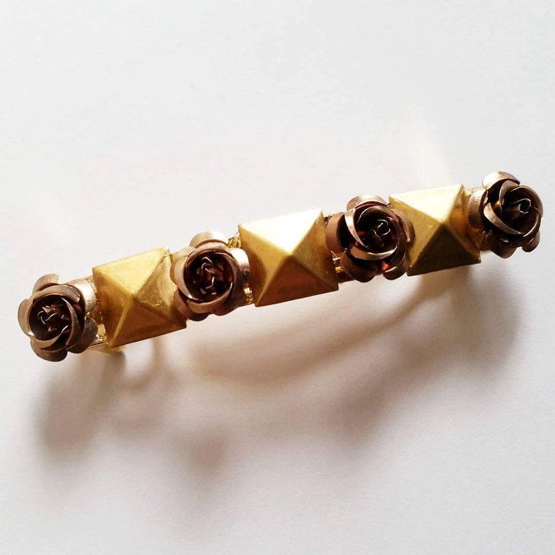 Brown Flower Gold Metal Studded French Barrette, for weddings, parties, special occasions image 1