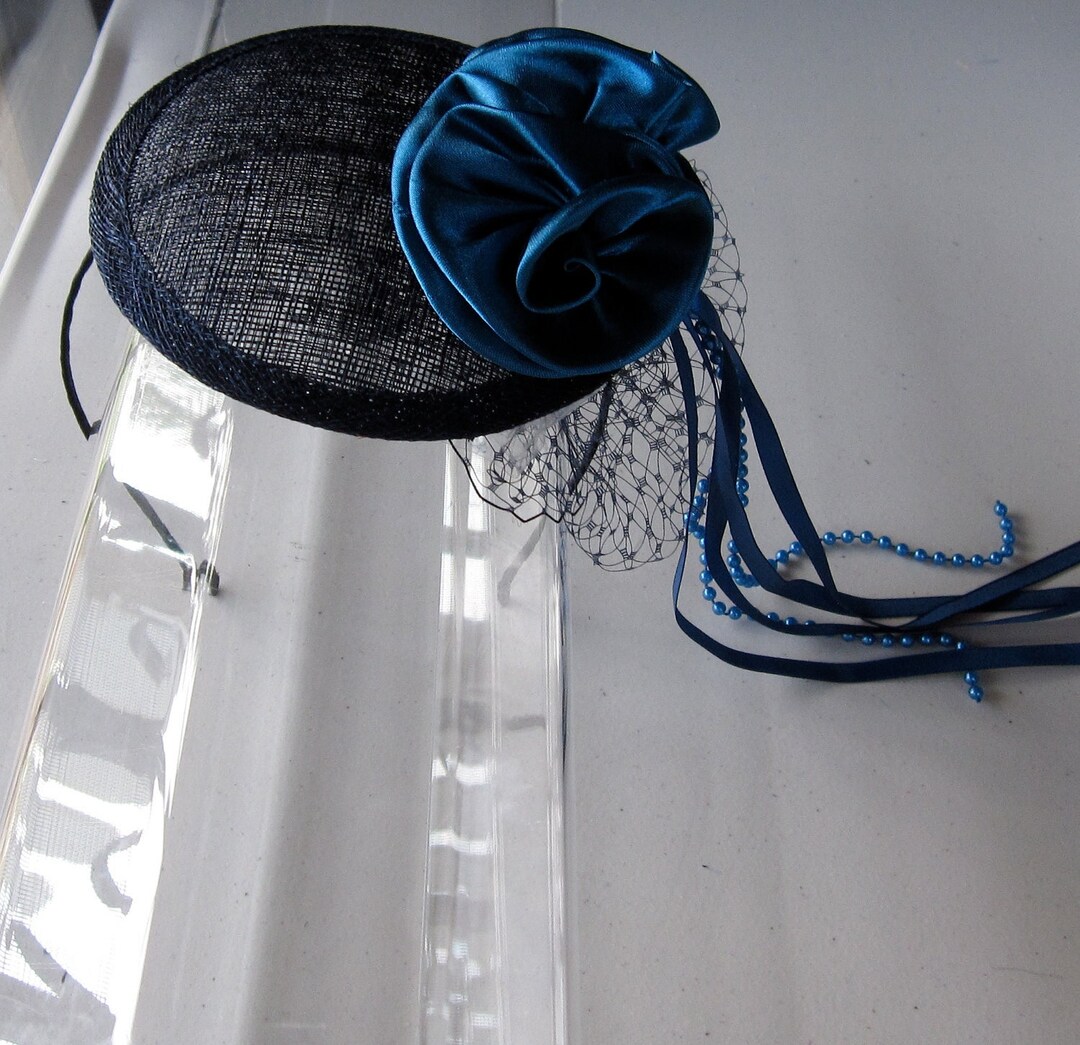 Turquoise Blue Satin Beaded Flower Navy Sinamay Fascinator  display picture 1