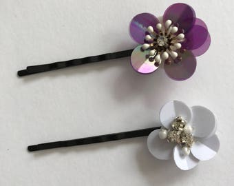 Purple and White Crystal Sequin Flower Bobby Pin Set