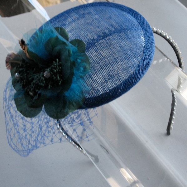 Royal Blue Sinamay Fascinator Hat with Feather Flower, Veil, and Crystal Headband, for weddings, parties, cocktail, special occasions