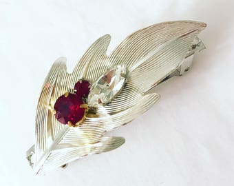 Red Swarovski Crystal Silver Plated Leaf Barrette, for bridal, weddings, parties, evening, cocktail, holiday, occasions