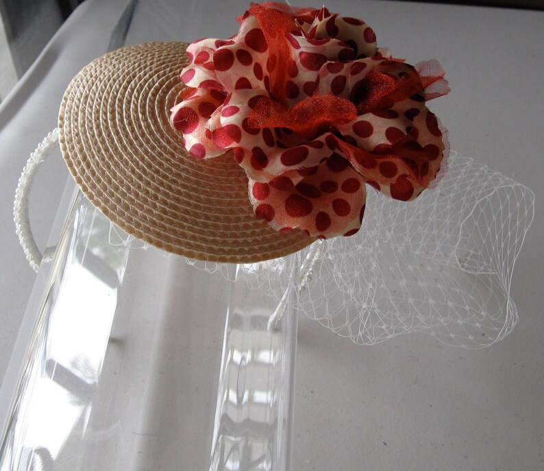 Red Polka Dot Flower Champagne Straw Fascinator Hat With Veil Etsy