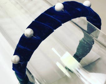 Navy Blue and Green Velvet White Howlite Beaded Headband, for parties, holiday, special occasions