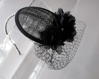 Black Chiffon Crystal Flower Sinamay Fascinator Hat with Veil and Crystal Headband, for weddings, parties, cocktail, evening