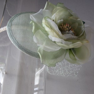 Pale Green Silk Flower Sinamay Fascinator Hat, with Veil and Pearl Beaded Band, for weddings, bridesmaid, parties, special occasions