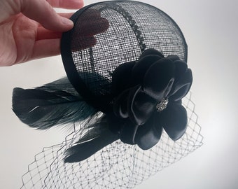 Black Crystal Feather Flower Sinamay Fascinator Hat with Veil and Crystal Headband, for weddings, evening, parties, special occasions