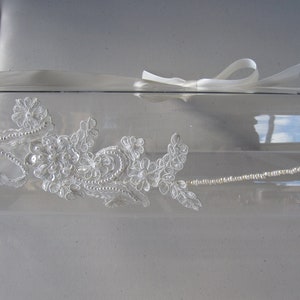 White Beaded Lace Flower Pearl Halo Headband with Ivory Satin Ribbon Tie, for Bridal, weddings, special occasions image 2