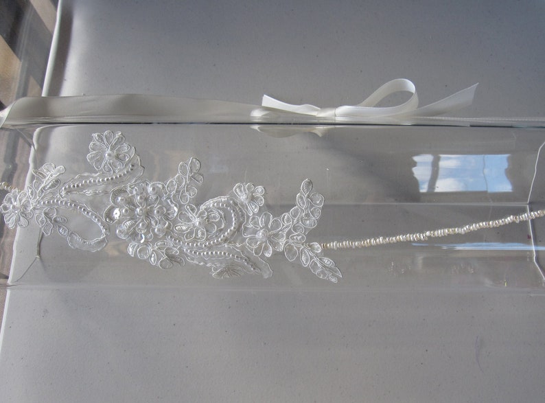 White Beaded Lace Flower Pearl Halo Headband with Ivory Satin Ribbon Tie, for Bridal, weddings, special occasions image 2