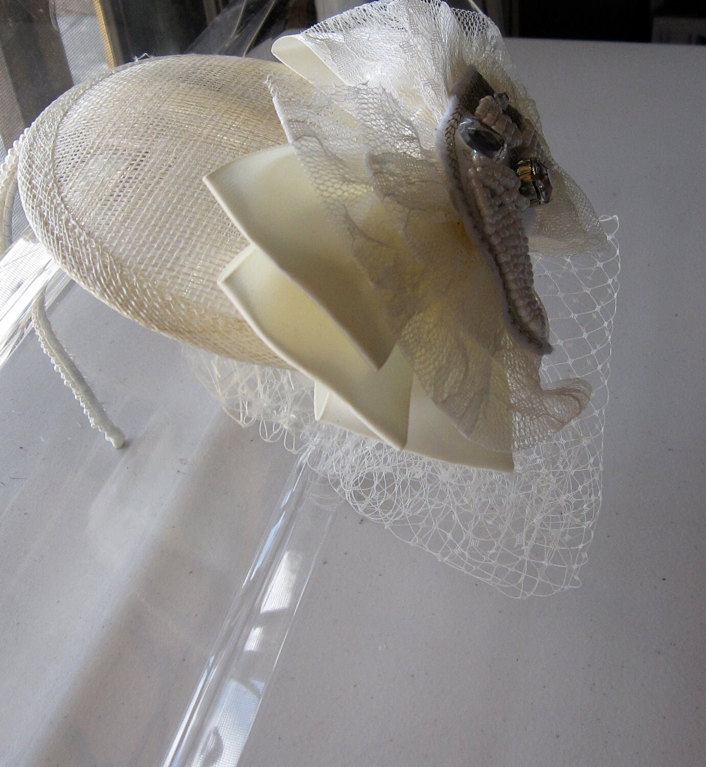Elegant Ivory Satin Statement Church Hat w/ Crystal Bow Detail Satin Ribbon Church Hat, Elegant Designer Hat, Rhinestone  main image 2