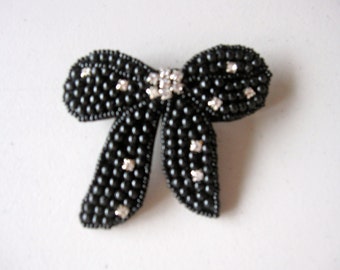 Black Beaded Bow with Crystals French Hair Barrette, for dressy occasions, weddings, parties