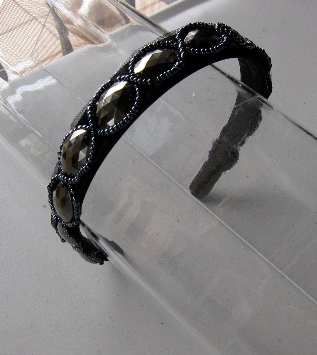 Navy Blue Beaded Stone Black Velvet Headband, for Weddings  display picture 1