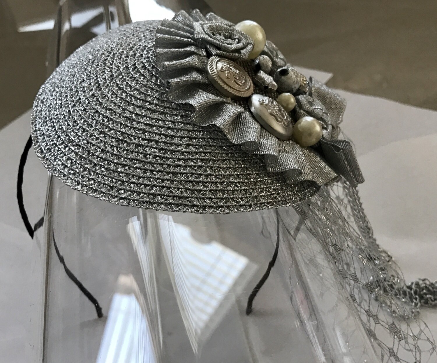Silver Straw Fascinator Hat with Beaded Chain Appliqué, Veil, and Satin Headband, for weddings, parties, special occasions