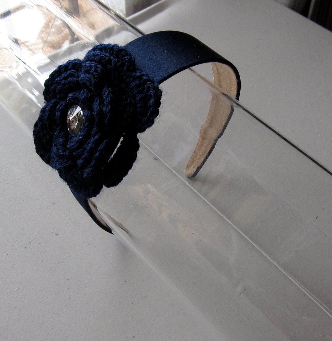 Navy Blue Woven Crystal Flower Satin Headband, for Weddings  display picture 2