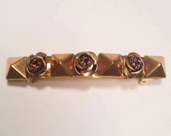 Rose Gold Metal Pyramid Purple Swarovski Crystal Brown Flower French Barrette, for weddings, parties, special occasions