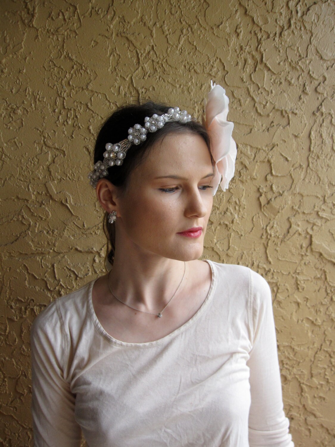 Silk Pink Flower Halo Headband With Pearl and Crystal Flower - Etsy