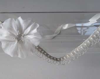 White Silk Flower Halo Headband Pearl Crystal Beaded Satin Ribbon Tie Headband, for weddings, bridal, bridesmaid, parties