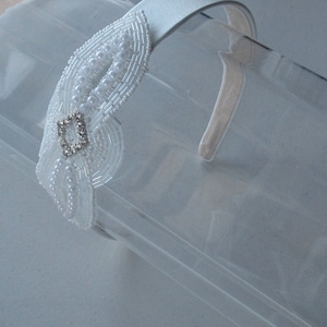White Beaded Crystal Flower Applique Satin Headband, for weddings, bridesmaids, parties, special occasions image 1