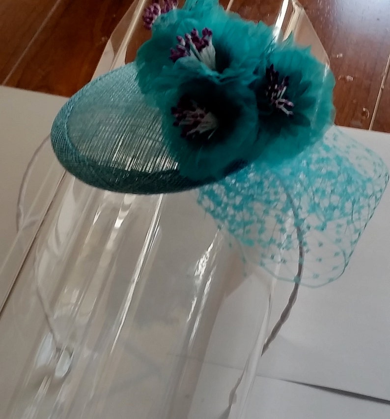 Aqua Blue Sinamay Purple Beaded Tulle Flowers Fascinator Hat Etsy