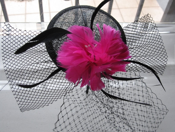 Fuchsia Pink Feather Flower Black Sinamay Fascinator Hat  display picture 1
