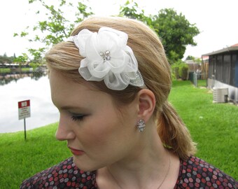 Organza White Flower Headband with Crystals and Pearl Leaves, for bridal, bridesmaid, wedding, party