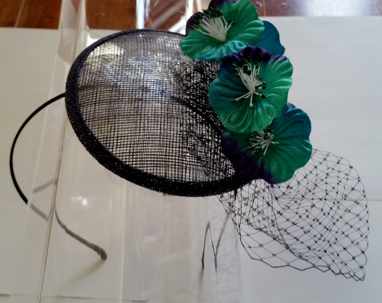 Navy Satin Floral Fascinator Hat with Veil BELLINDA - Navy Wedding Hat with Vintage Birdcage Veil and  main image 2