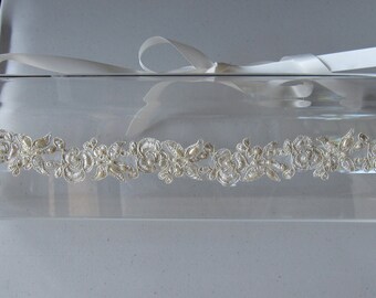 Champagne and Gold Lace Flower Halo Headband with Ivory Satin Ribbon Tie, for Bridal weddings, bridesmaid, parties, special occasions