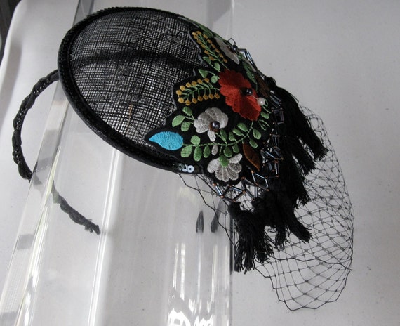 Black Embroidered Flower Applique Sinamay Fascinator Hat 