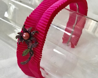 Fuchsia Pink Satin Ruffle Headband with Crystal Flower Pin, for weddings, parties, special occasions