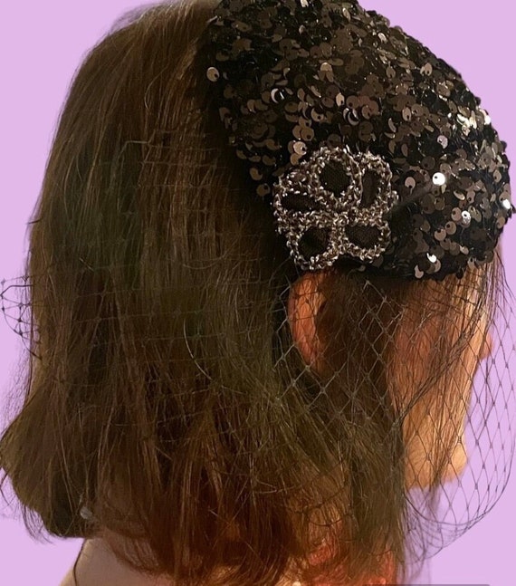 Black & Silver Flower Veil Hat Black Fascinator Hat With Flower Feather & Birdcage Veil  main image 4