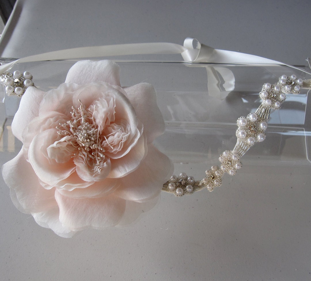 Silk Pink Flower Halo Headband With Pearl and Crystal Flower Band and ...