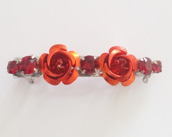 Red Metal Flower Swarovski Crystal French Barrette, for weddings, parties, and other special occasions