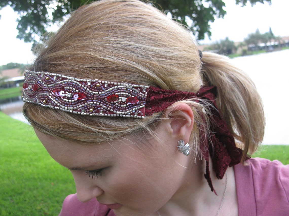 Red and Silver Beaded Applique Headband With Burgundy Lace Etsy