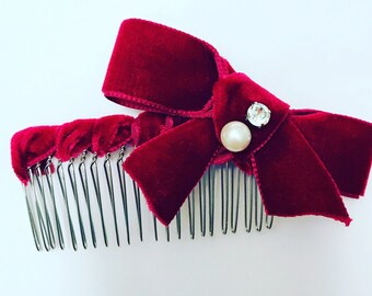 Scarlet Red Velvet Crystal Pearl Bow Comb, for parties, evening, Holidays, special occasions