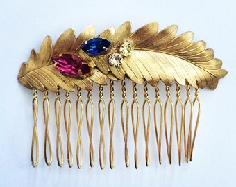 Swarovski Crystal Gold Metal Leaves Hair Comb, for Bridal, weddings, evening, parties, special occasions