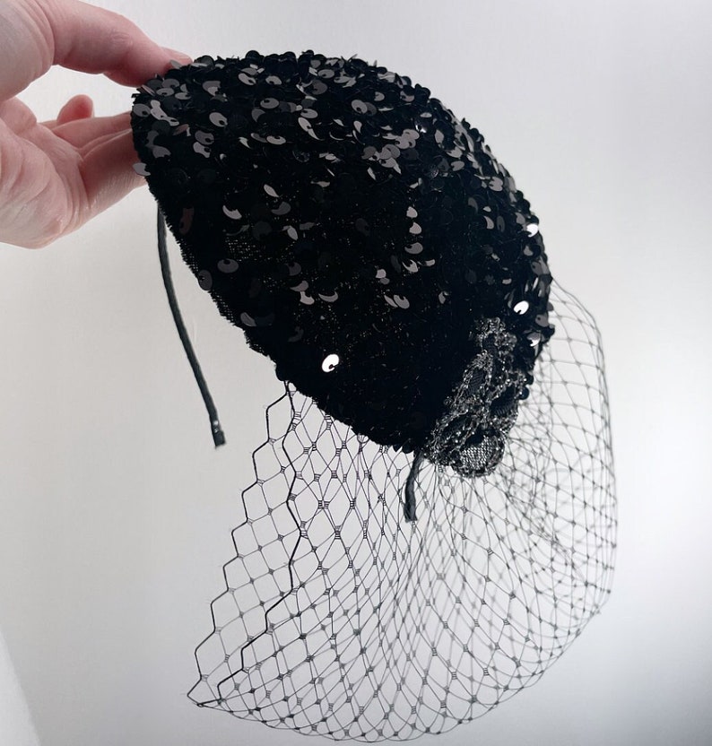 Black Sequin Silver Flower Teardrop Fascinator Hat with Veil and Satin Headband, for weddings, parties, evening, cocktail, special occasions image 4