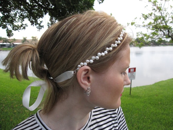 Ivory Pearl Satin Ribbon Tie Halo Headband, for Bridal  display picture 3