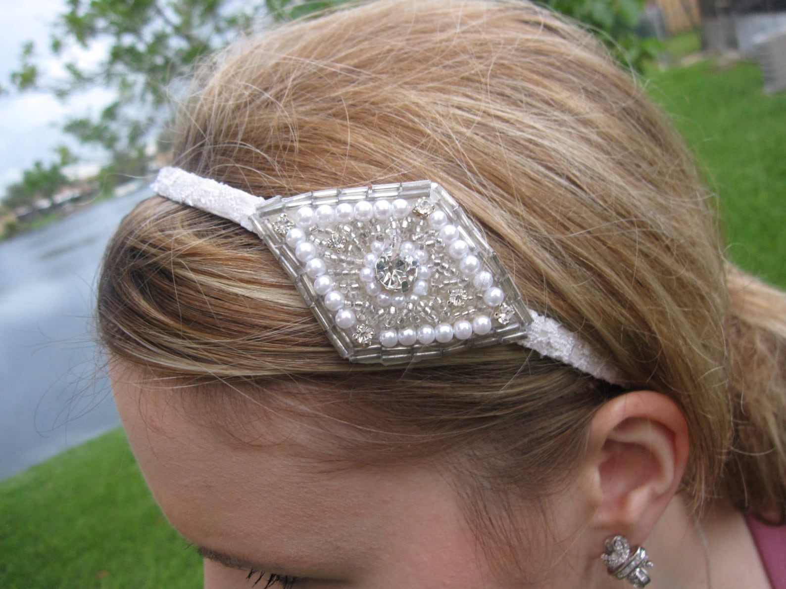 Pearl Crystal Beaded Applique Headband With Lace Trim for Etsy