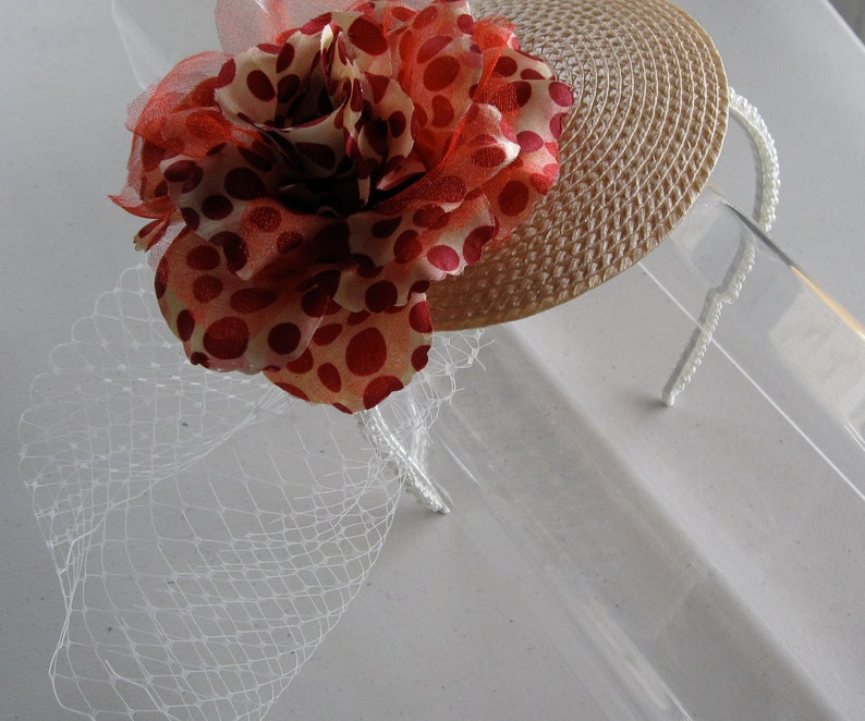 Red Polka Dot Flower Champagne Straw Fascinator Hat With Veil Etsy