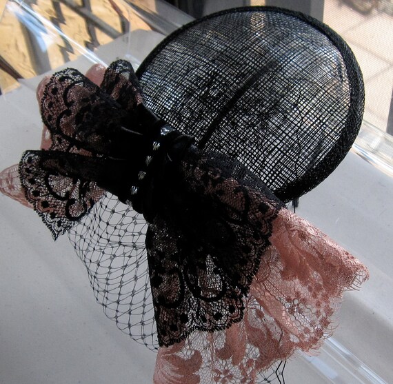 Elegant Pink Hat with Black Lace Bow Handburned Structured Rim Large Black and Hot Pink Kentucky Derby Hat: Wedding Church  main image 2