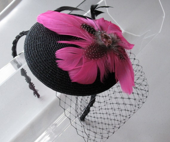 Pink Fascinator Headpiece with Black Veil Pink Fascinator, Black Fascinator, Mother of the Bride  main image 2