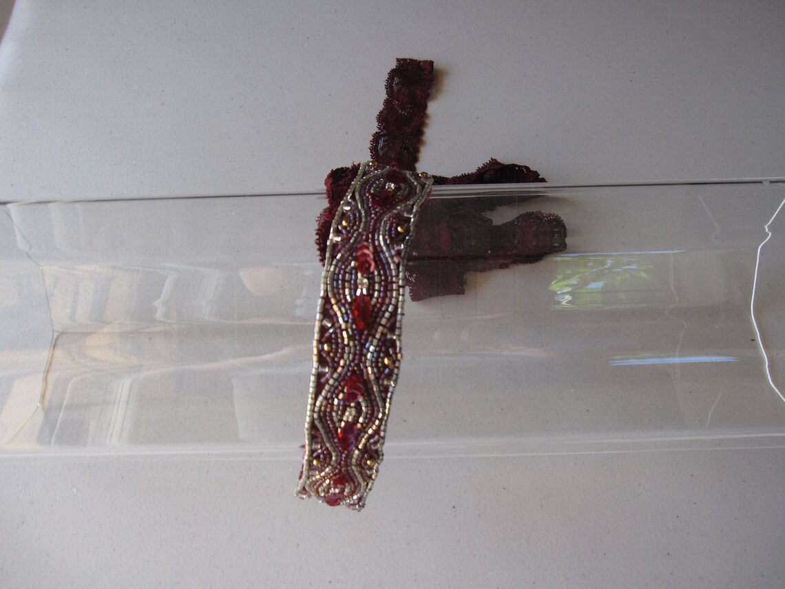 Red and Silver Beaded Applique Headband With Burgundy Lace Etsy